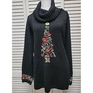 Coldwater Creek Floral Embroidered Black Cowl Neck Sweater 3X Made In Japan